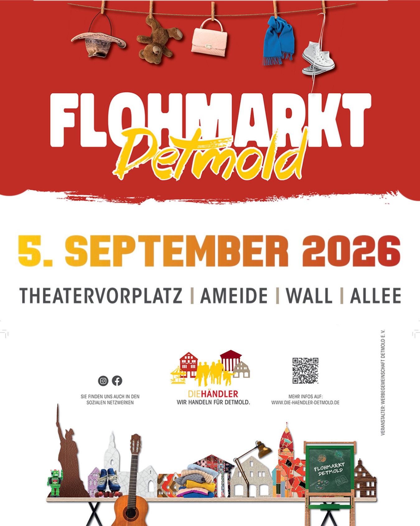 👏🏼 Flohmarkt-Samstag in Detmold! 🛍️✨
Am Samstag, 5. September heißt es wieder: stöbern, entdecken und Lieblingsstücke finden!
Zwischen Theatervorplatz, Ameide, Wall und Allee erwartet euch einer der schönsten Flohmärkte der Region – mit vielen privaten Ständen, kleinen Schätzen, Vintage-Fundstücken, Büchern, Spielzeug, Deko und vielem mehr.
Ob ihr gezielt auf Schnäppchenjagd geht oder einfach durch die Reihen bummeln möchtet: Der Detmolder Flohmarkt verbindet das Stöbern mit einem entspannten Tag in unserer schönen Innenstadt. Genießt dazu einen Kaffee, besucht unsere Geschäfte oder lasst euch in den Cafés und Restaurants verwöhnen. ☕🌸
📍 Samstag, 5. September
📍 Theatervorplatz • Ameide • Wall • Allee
Alle Informationen für Besucherinnen, Besucher und Standbetreiber findet ihr hier:
👉 www.die-haendler-detmold.de/flohmarkt/
Wir freuen uns auf euch! ❤️
#Detmold #DieHändlerDetmold #Flohmarkt #DetmolderFlohmarkt #InnenstadtDetmold Vintage Trödel SecondHand Nachhaltig Shopping OWL