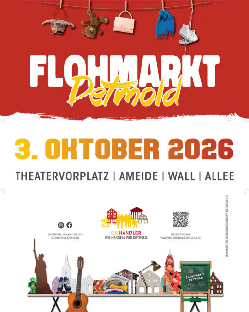 Der letzte Outdoor-Flohmarkt des Jahres steht vor der Tür! 🍂
Am Samstag, 3. Oktober 2026 (ja, wirklich dann 😊), heißt es in Detmold noch einmal unter freiem Himmel stöbern, feilschen und Lieblingsstücke entdecken – auf dem Theatervorplatz, in der Ameide, am Wall und in der Allee.
Kommt vorbei – wir freuen uns auf euch!
Und schon mal vormerken: Am 7. November folgt der erste Winter-Flohmarkt in der Stadthalle Detmold.
#diehaendlerdetmold #flohmarkt #detmold #meindetmold #innenstadtdetmold